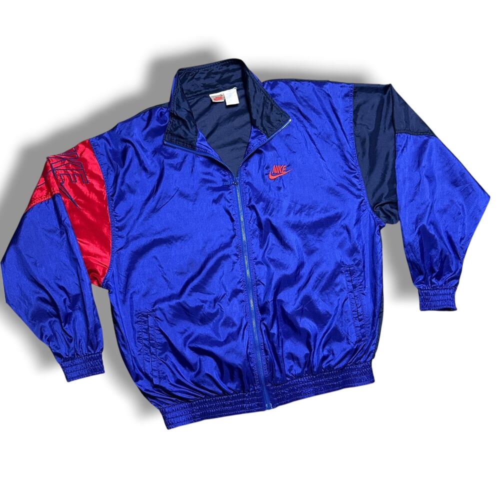 Vintage 80s 90s Nike Windbreaker Red Blue Color Block Gray Tag Jacket XL
